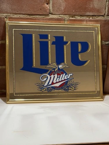 Vintage Miller Lite Hanging Beer Mirror Sign Blue & White Bar Pub Mancave Decor