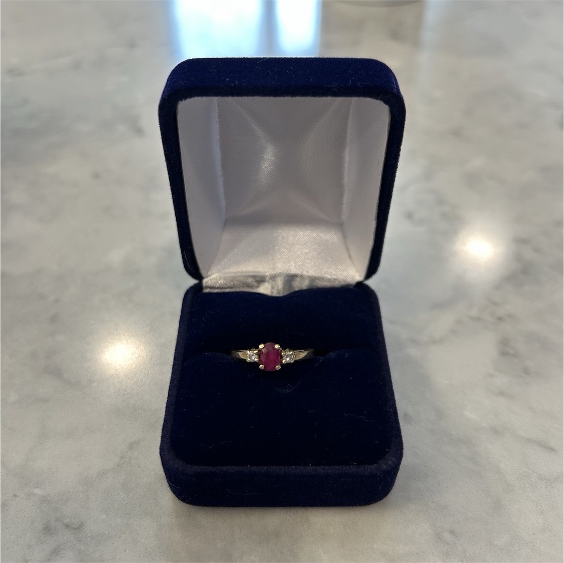 Yellow Gold Ruby Oval Prong Setting Ring with Blu… - image 1