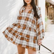 Show Me Your Mumu Tan Plaid Birdie Mini Swing Dress Size XL