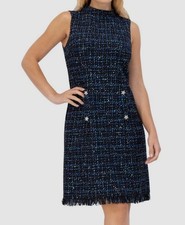 Eliza J Women's Blue Boucle Faux-Pocket Fringe A-Line Dress Size 4