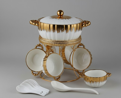 Weiße Atemberaubende Suppe Nudel Schüssel Servier Set Luxus Gold Keramik Hotpot Geschenk