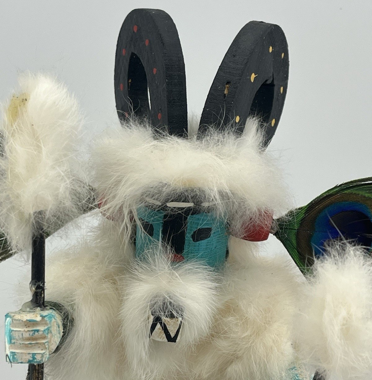 Ram (“Pang”) Kachina Doll with Peacock Feathers – Navajo Indian-made – 13½” tall