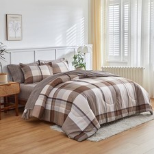 Bed in a Bag 7 Piece Queen Size, Brown Plaid Design Soft Microfiber Reversibl...