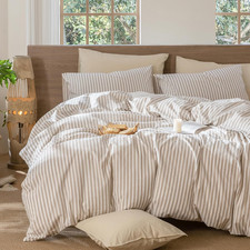 Cotton Striped Duvet Cover Set Full Brown Pinstripe Bedding  Linen-Like Texture