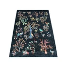 3'5"x4'8" Navy Blue Hand Knotted Afghan Sultani Trees Design Soft Wool Rug 21978