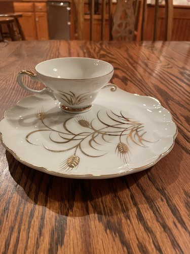 Lefton China Gold Wheat Pattern Snack Plate and Cup Vintage 