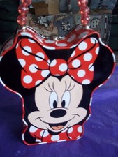 Disney Minnie Mouse Tin Lunch Box Purse Beaded Handle 8" X 7" Red Black EUC