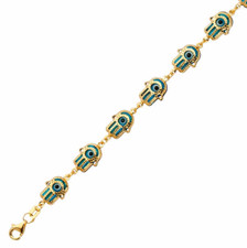 14K Yellow Gold Blue Hamsa Hand Evil Eye Bracelet - Good Luck Charm Chain Link