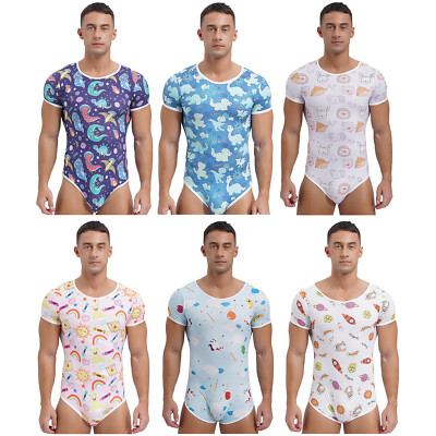 Mens Bodysuit Cute Rompers Diaper Jumpsuit Sissy Buttoned Crotch Print Bathing