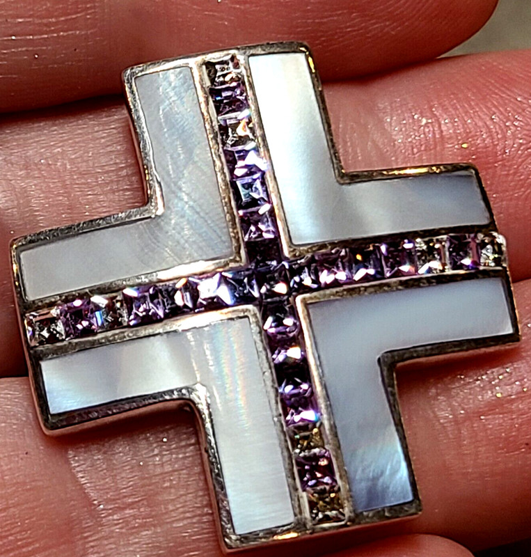 STERLING SILVER CROSS PENDANT ALAN K MOTHER OF PEARL CRYSTALS NEW RARE LAVENDER