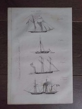 GRAVURE MARINE 1840 VAISSEAUX ARMÉE GOËLETTE CUTTER LOUGRE BÂTIMENT A VAPEUR