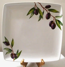 The Cellar Olive Branches Dinner Plate 10-7/8" Square Purple Olives Green Leaves