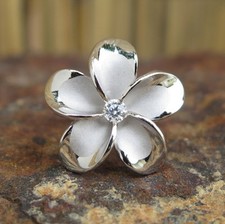 Hawaiian Jewelry Silver Plumeria Flower 2 Tone CZ Wedding Ring Band 22mm SR3268