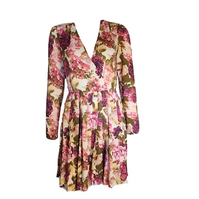 leith pleated dress Leith Dress Womens Size XS Pink Brown Floral Pleated Long Sleeve Chiffon  Lined