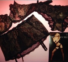 NWT Victoria's Secret 32D,32DD BRA SET garter skirt Black Gold ANGEL FANTASIES