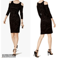 Taylor Wm’s Sz Med Black GunMetallic Shimmer Cold-Shoulder Sweater Dress