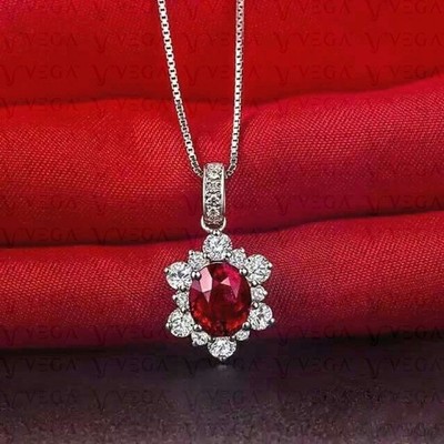 6Ct Oval Cut Natural Red Ruby & Diamond Charm Pendant 18K White Gold Filled
