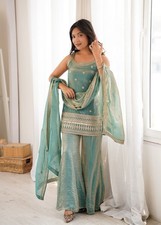 Women Sea Green Sequins Embroidered Kurta Pant Dupatta Set Party Wear Women