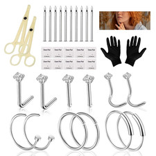 34Pcs Nose Piercing Kit with Stainless Steel 18G Needles Clamps Ring