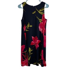 Anne Klein Floral Shift Dress Womens 8 Navy Pink Sleeveless Knee Length Lined