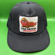 VTG RARE Firestone Walrus Tire Repair Patch Black Adjustable Trucker Hat - USA