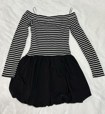 off shoulder long sleeve striped knit mini dress Love J Black White Striped Knit Short Dress M Off Shoulder Long Sleeve