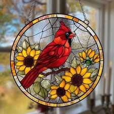 Cardinal Bird Sunflower Suncatcher Glass Window Decor Gift Stained