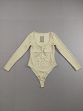 H M Women Bodysuit M Green Long Sleeve Ribbed Sweetheart Neck Pleated Comfort