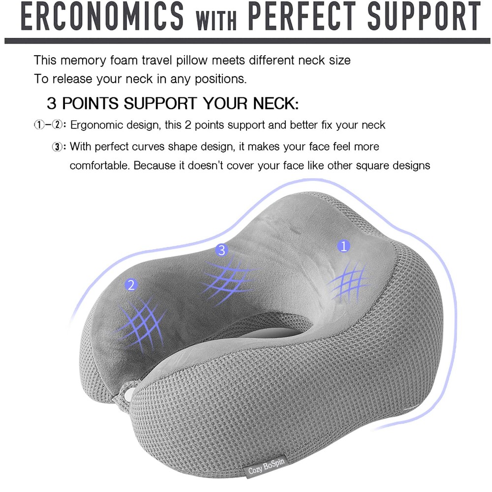 Memory Foam Travel Neck Pillow for Airplane Car and Train Support