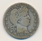 1913 BARBER SILVER QUARTER DOLLAR 25C US COIN