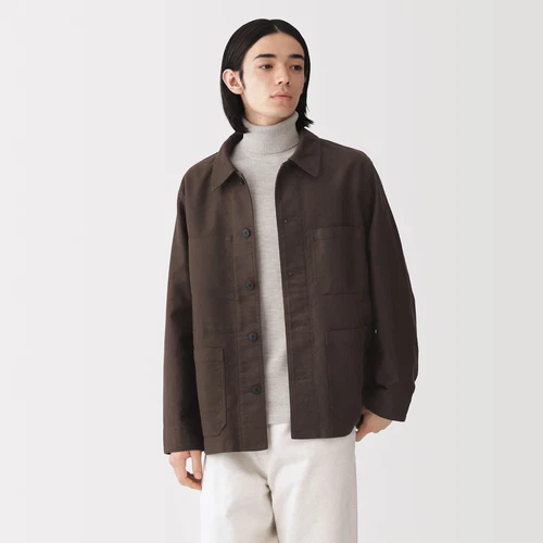 MUJI Mens Organic Cotton Kapok Moleskin Coverall Jacket Dark Brown FedEx video thumbnail