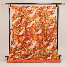 Vermilion Crane Bridal Wedding Kimono Silk Small Flowers Used 190cm