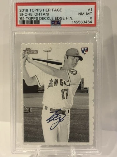2018 Topps Heritage High Number #1 Shohei Ohtani 1969 Topps Deckle Edge RC PSA 8