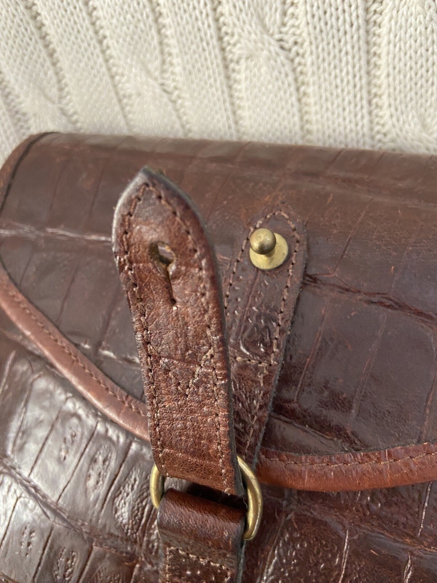 VINTAGE MULBERRY BROWN LEATHER CROC CROSSBODY MESSENGER