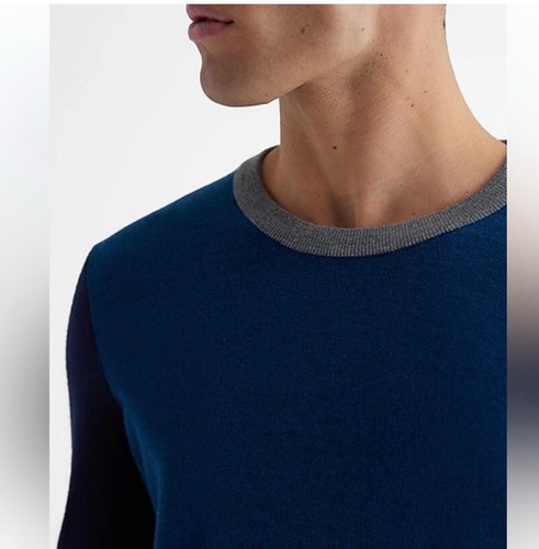 🐟Express Men’s Teal And Gray Color Block Crew Neck Merino Wool Sweater NWT M - Picture 3 of 5