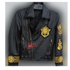 Handmade Men's Embroidery Patches Golden Black Brando Style Pure Leather Jacket