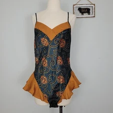 Vintage Val Mode Floral Satin Ruffle Teddy Romper Sz M Sexy Low Back High Cut