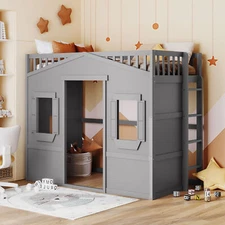 House Loft Bed with Under-bed Playhouse, Window and Wall, Wood Loft Bed for Kids