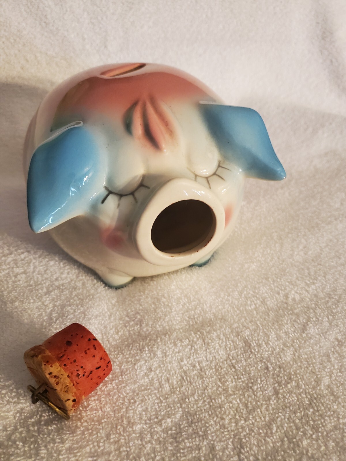 Vintage 1957 Corky Pig Piggy Bank With Cork Snout Hull USA Pink, Blue