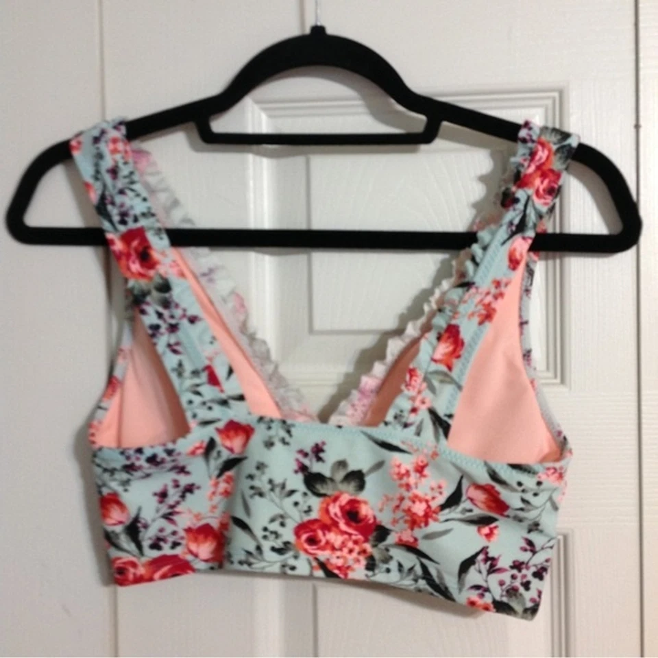 MOSSIMO Size Medium Mint Green Pink Floral Ruffle Bikini Top Lined Padding Stret - Image 4 of 4