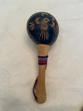 Vintage SINGLE BLUE HAND CARVED MARACA
