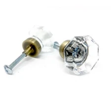 Two Clear Glass Knobs- Clear Octagon Pulls on Antique Brass Stem