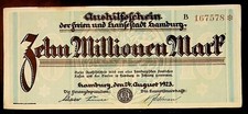 1923 Germany  HAMBURG 10 Million / 10.000.000 Mark Banknote 