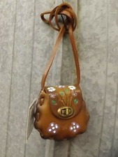 NEW Handmade Brown Tooled Leather Painted Purple White Flowers Kids Large Purse