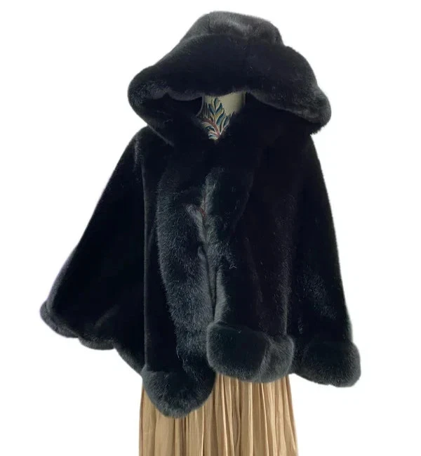 Women's Luxurious Faux Fur Hooded Poncho Ladies Cozy Winter Warm Coat Cape Wrap - Image 4 of 4