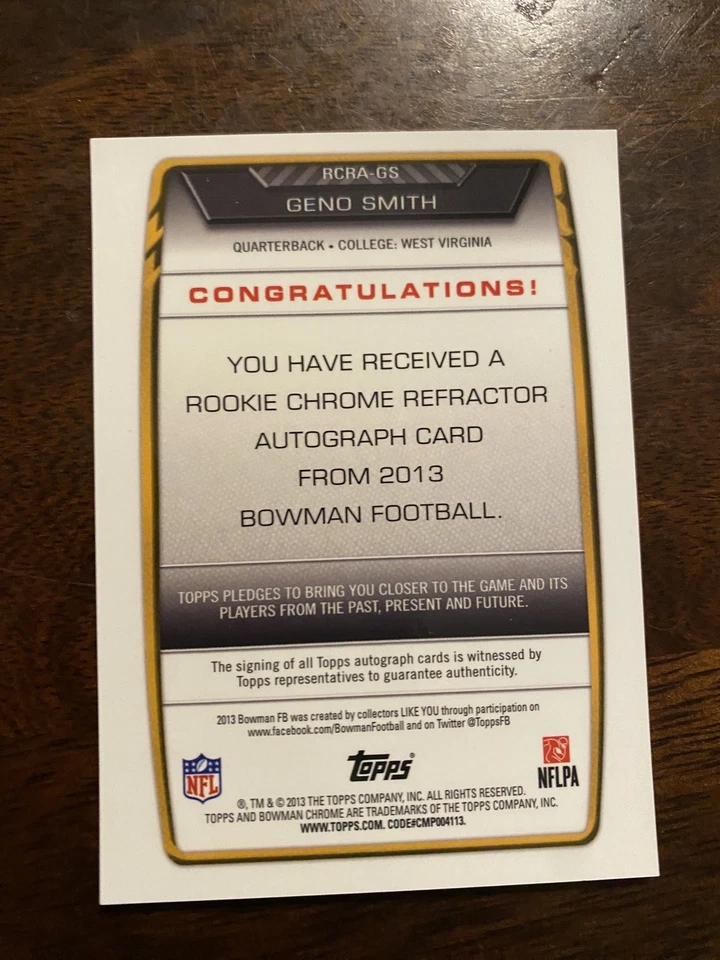 2013 Bowman Chrome Geno Smith Orange Refractor On Card Auto Rookie Rc /50 - Image 2 of 2