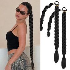 Wepwcod 2 Packs Black Long Braided Ponytail Extensions with Hair 22 Inch, 1B