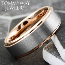 6/8mm Tungsten Men's Rose Gold Plated Brushed Center Band Ring Engraving Avail.
