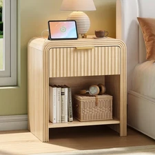 Fluted Nightstand with Charging Station, Modern Bedroom Furniture Side Table ...