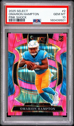 PSA 10 2025 Panini Select Pink Shock Concourse RC Omarion Hampton Chargers